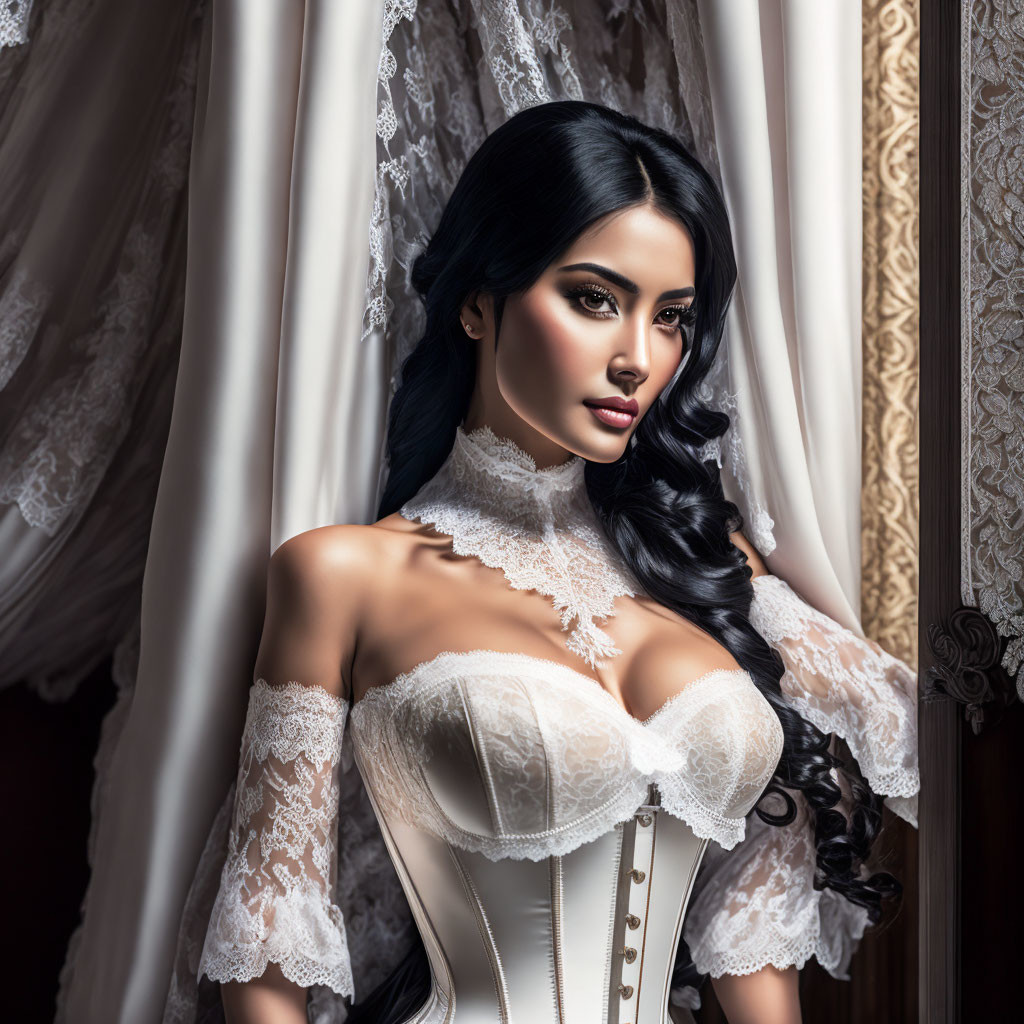 In a white lace corset
