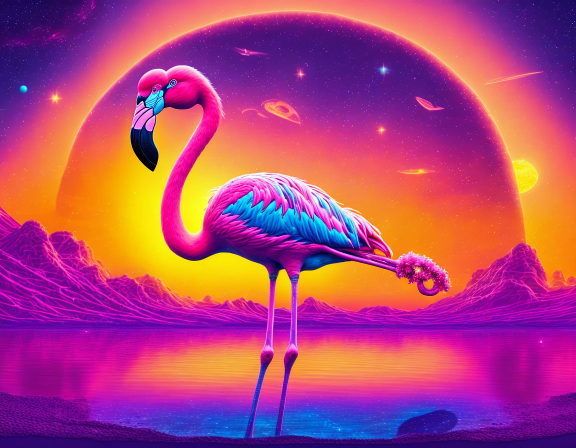 Pink flamingo in a cosmic sunset