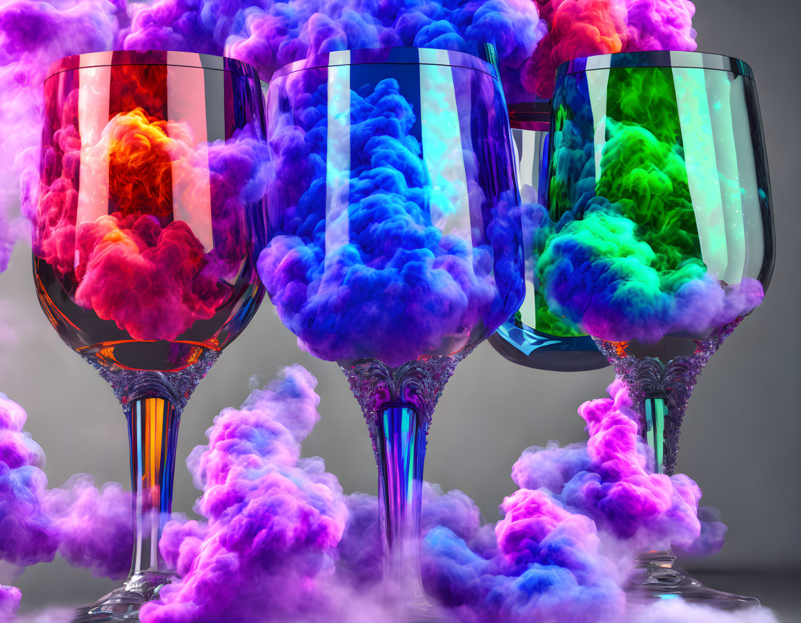 Colorful Smoke Swirling in Wine Glasses on Reflective Surface