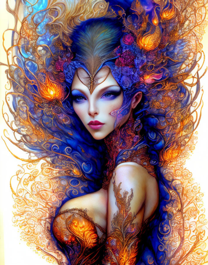 Colorful mythical woman with fiery hair, tattoos, and mystical headdress