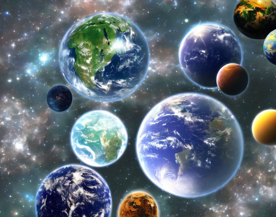 Multiple Earth-like planets in colorful cosmic scene
