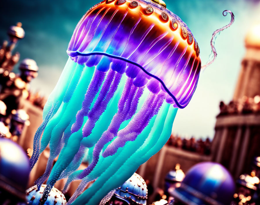 Colorful Stylized Jellyfish Artwork Among Ornate Structures