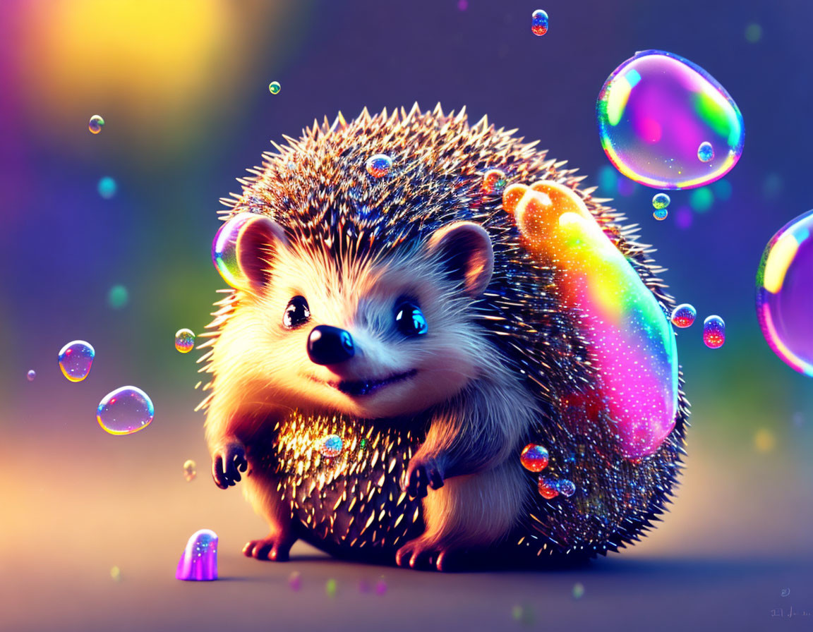 Colorful Smiling Hedgehog in Sparkling Bubble Scene