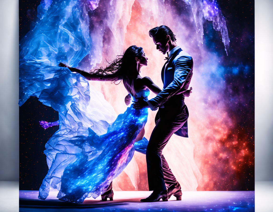 Passionate couple dancing against vibrant cosmic backdrop