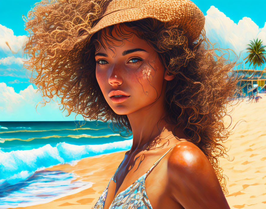 Digital artwork: Woman with curly hair in hat on sunny beach