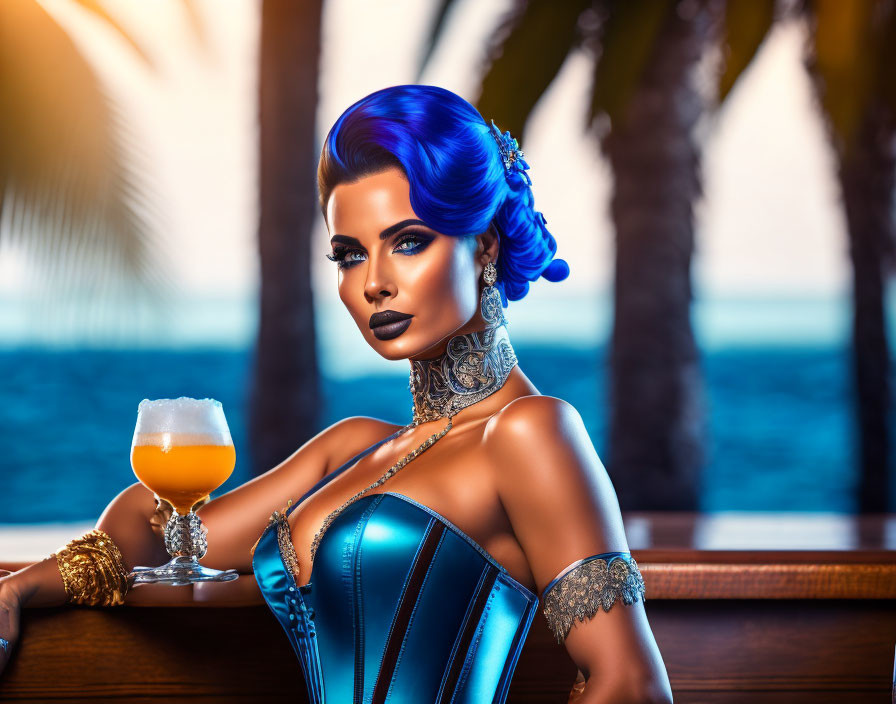 Vibrant blue hair woman with tattoos at tropical bar holding cocktail
