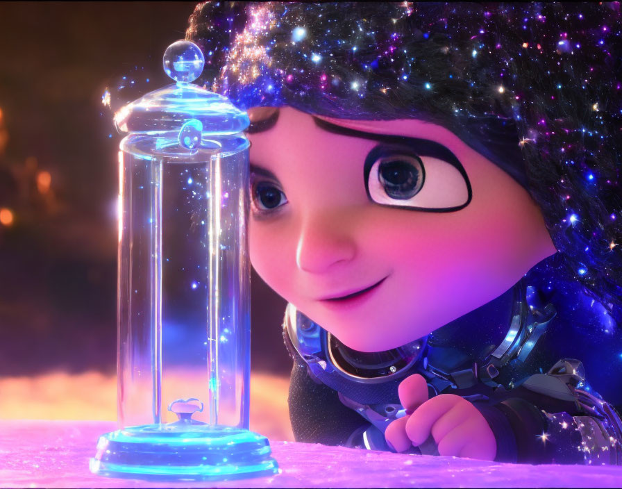 Whimsical animated character with sparkling eyes and glowing lantern in purple starry background