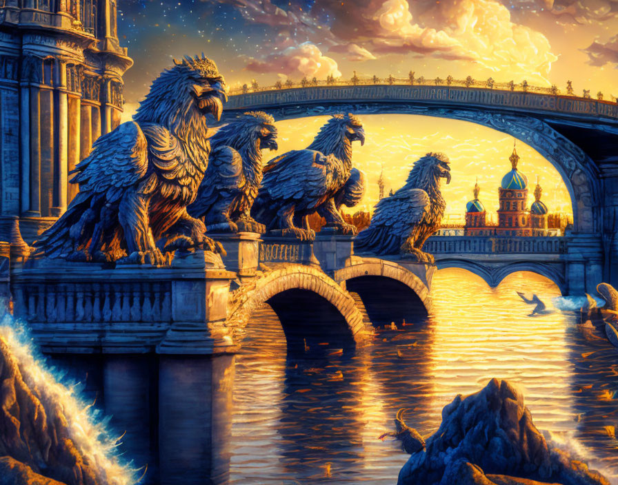 Fantasy sunset scene: three griffin statues on bridge by tranquil river, classical architecture nearby