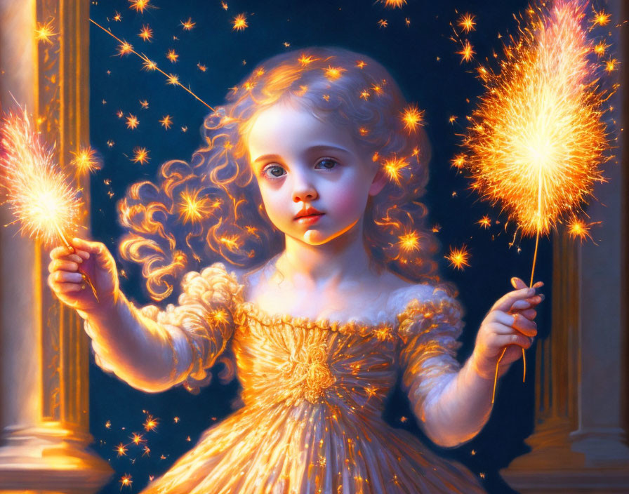 Young girl holding lit sparklers surrounded by sparkling light