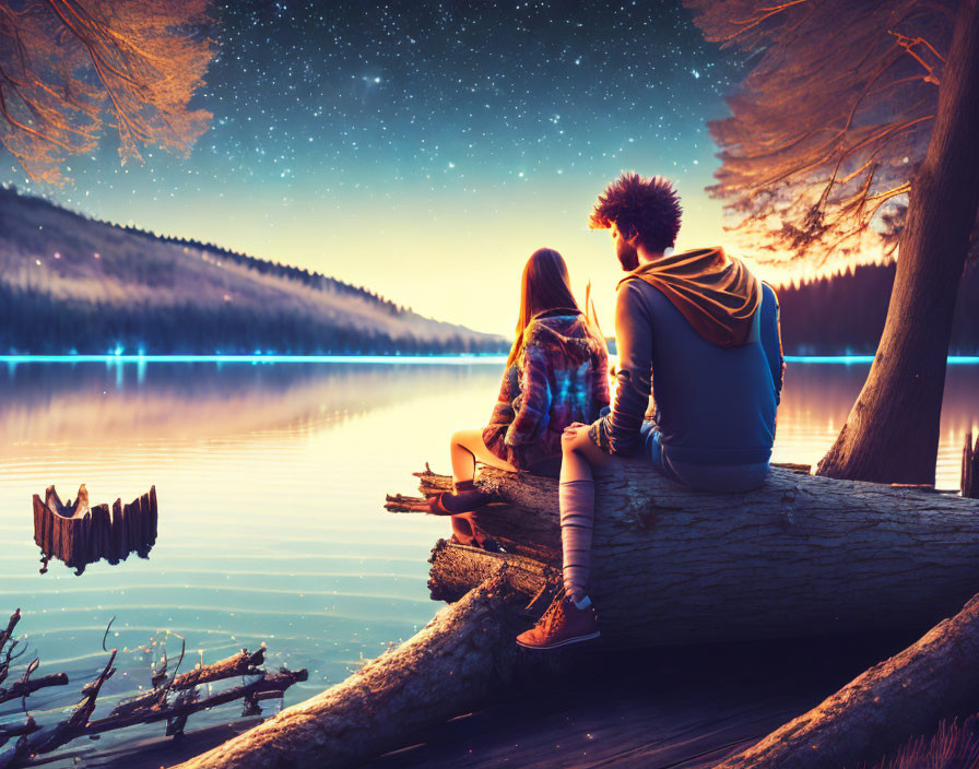 Pair sitting on fallen tree by serene lake under starry twilight sky
