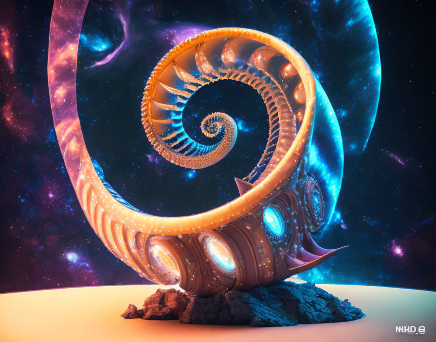 Surreal luminous spiral structure on rocky terrain with cosmic backdrop.
