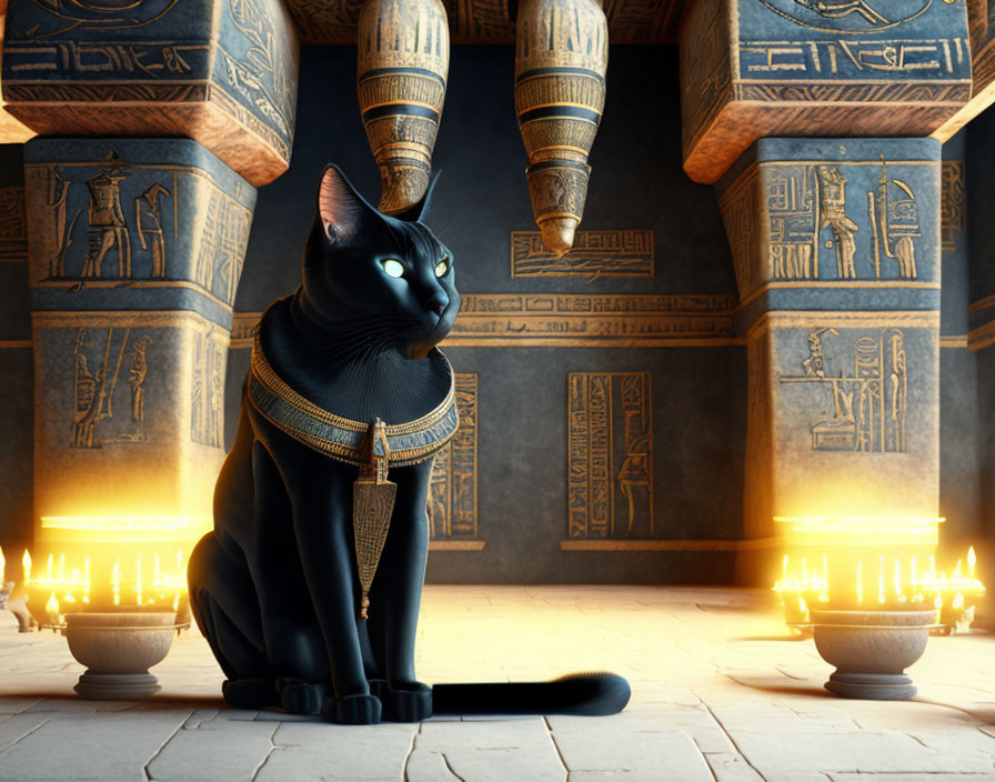 Black cat with Egyptian collar in ornate room with hieroglyphics and flames