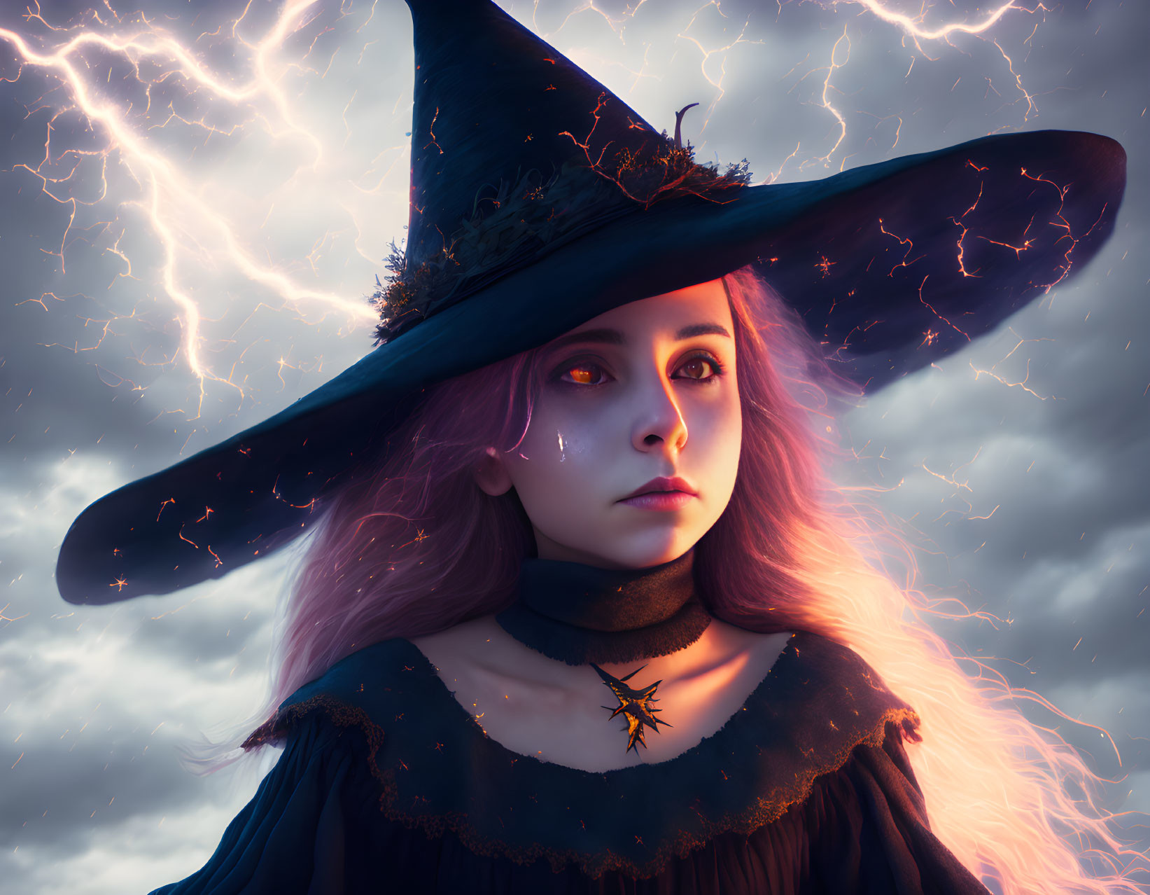 Witch costume with wide-brimmed hat and purple hair in stormy setting