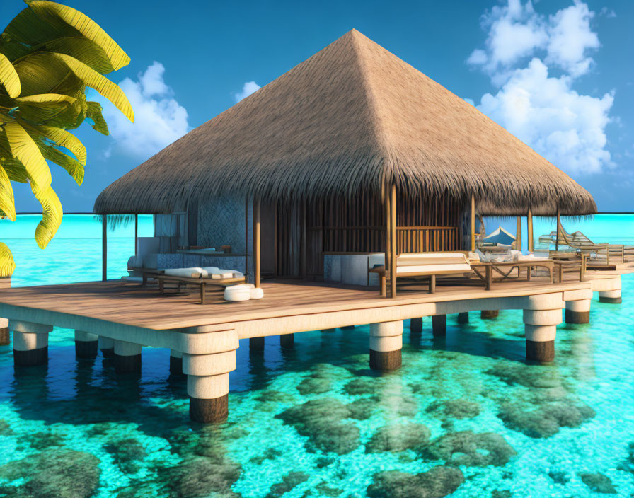 Thatched Roof Overwater Bungalow on Turquoise Sea