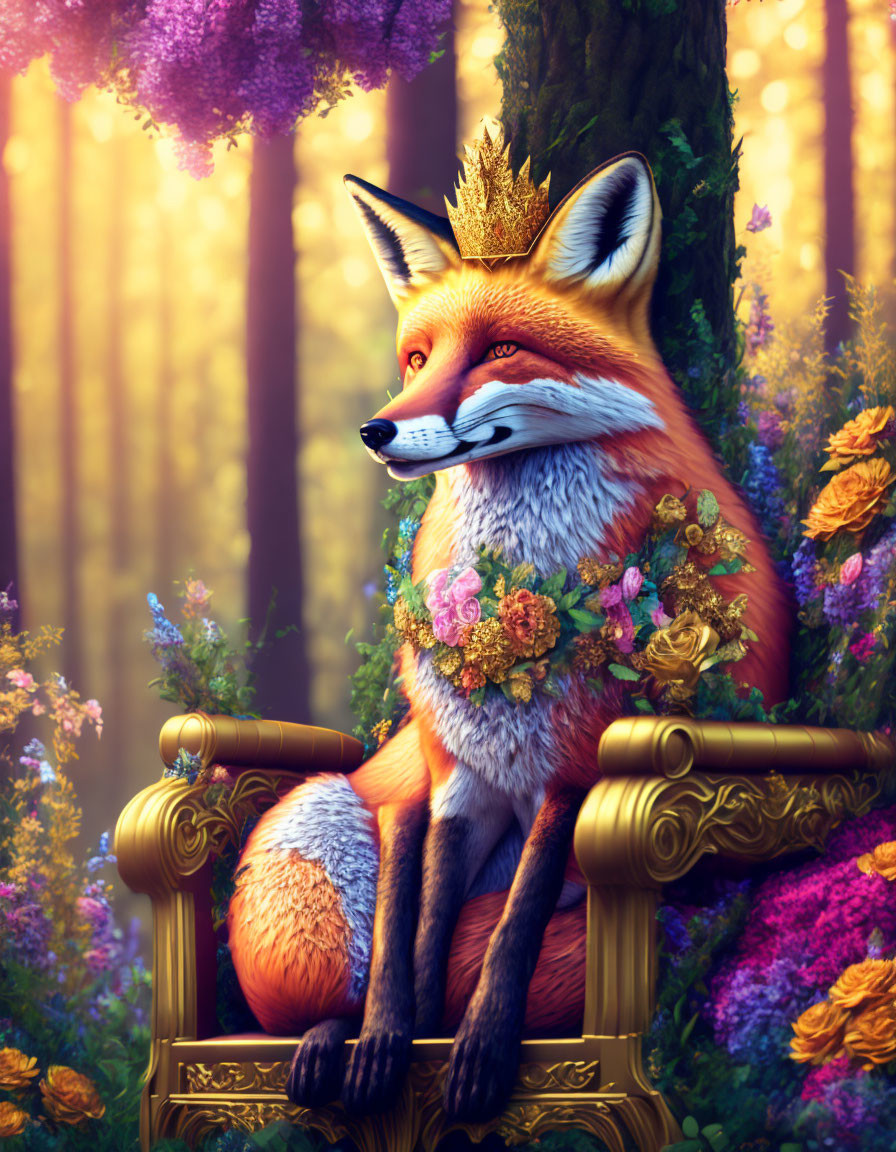 Regal fox with golden crown in enchanted forest.