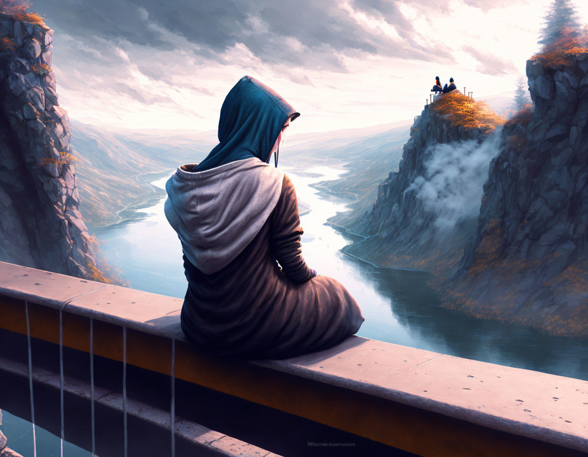 Lonely figure in hoodie gazes over foggy river canyon