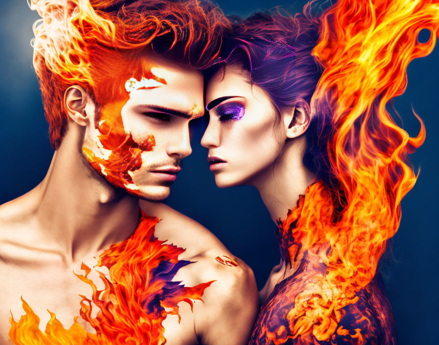 Vivid fiery and violet-themed body art on man and woman