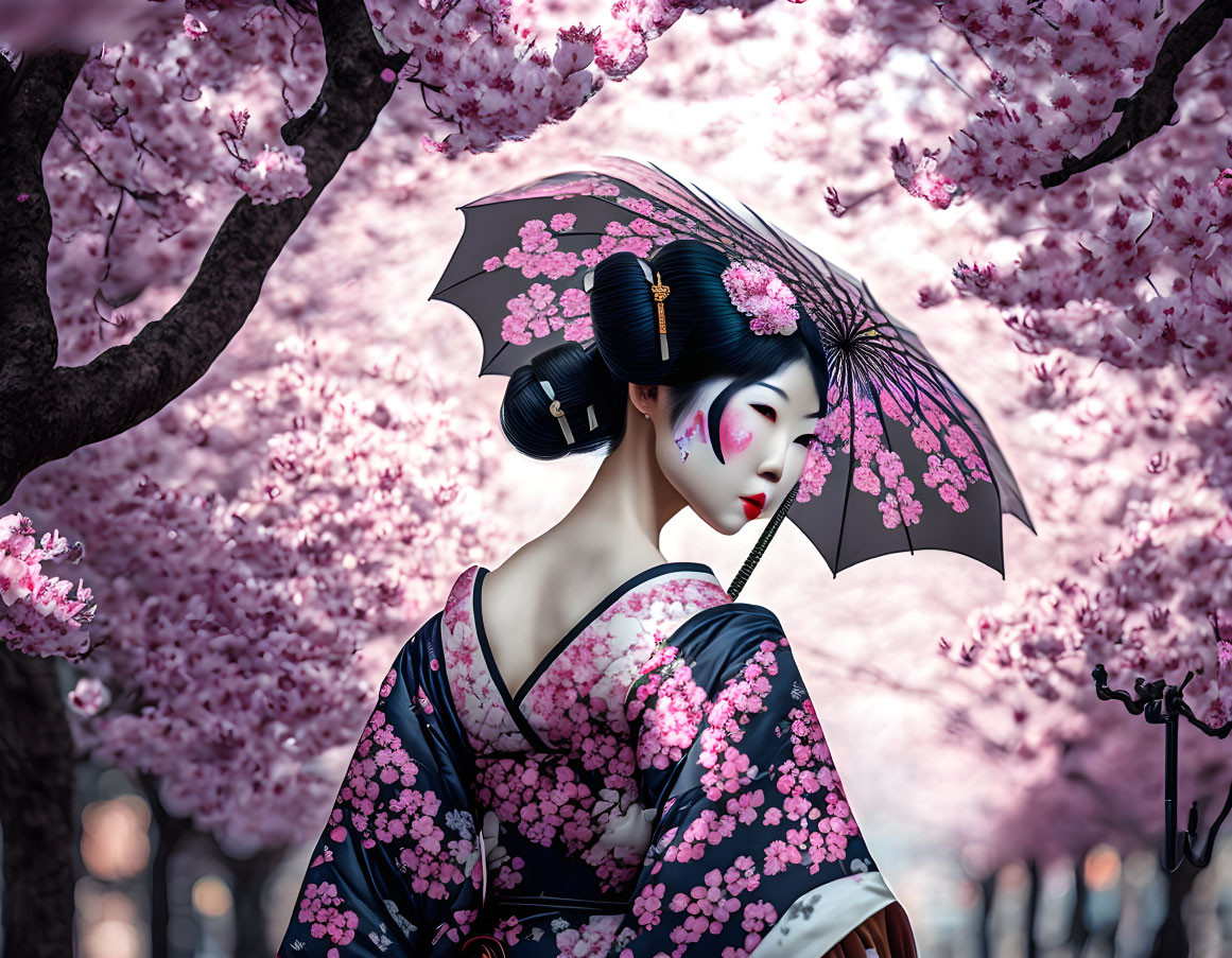 Geisha with intricate makeup and cherry blossom umbrella in sakura garden
