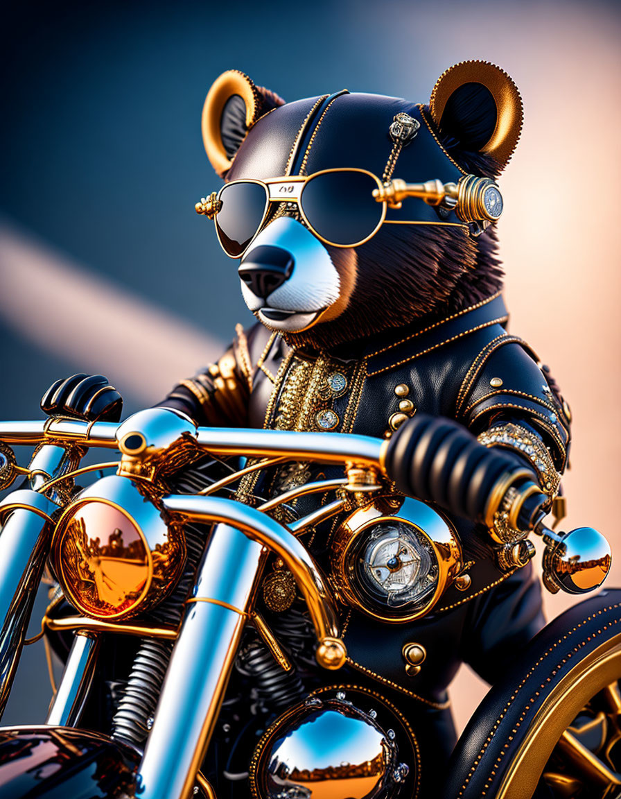 Anthropomorphic bear in leather jacket on vintage motorcycle