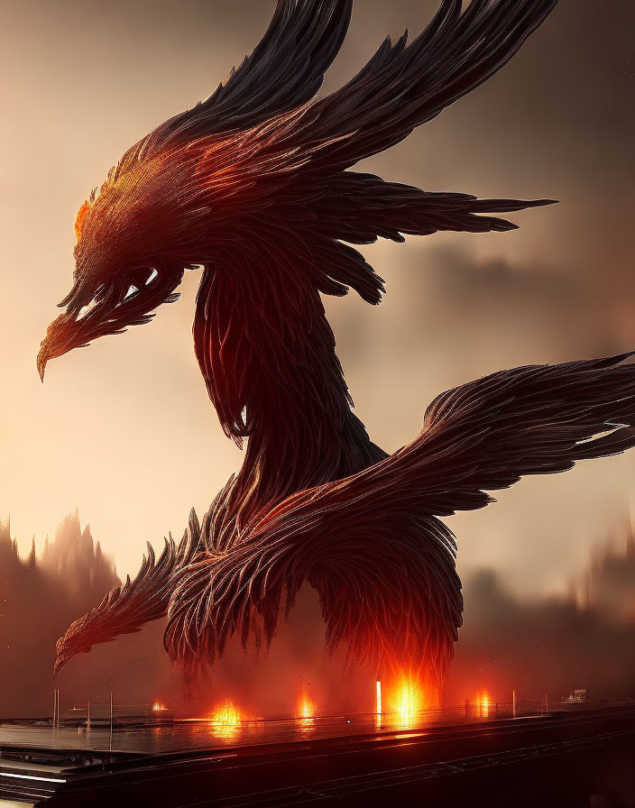 Fiery Phoenix Flying in Twilight Sky