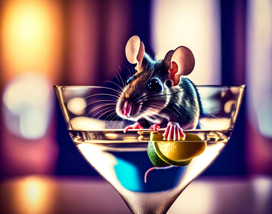 Adorable mouse in martini glass with lime in warm lighting