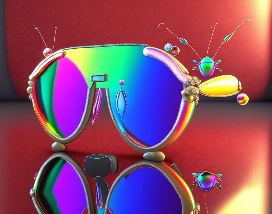 Vibrant 3D abstract shapes: insects and glasses on red background
