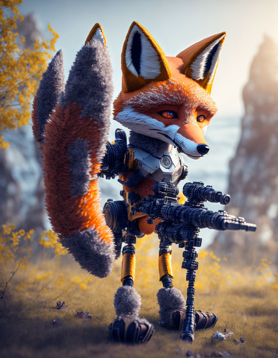A robotic fox with a sniper rifle