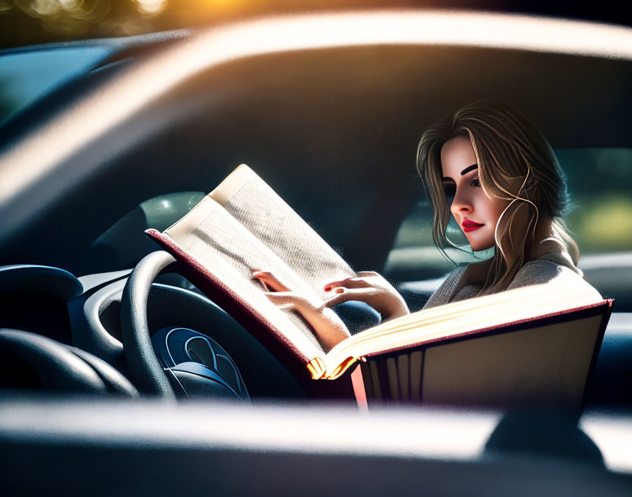 Woman reading book in car under warm sunlight