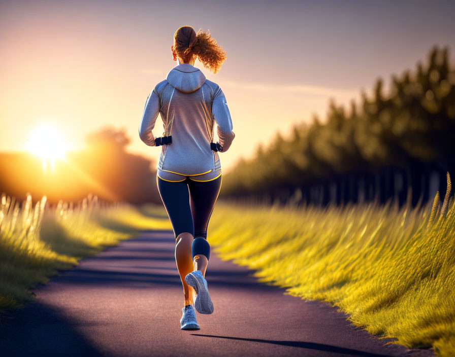 Silhouetted woman jogging at sunrise on grassy path