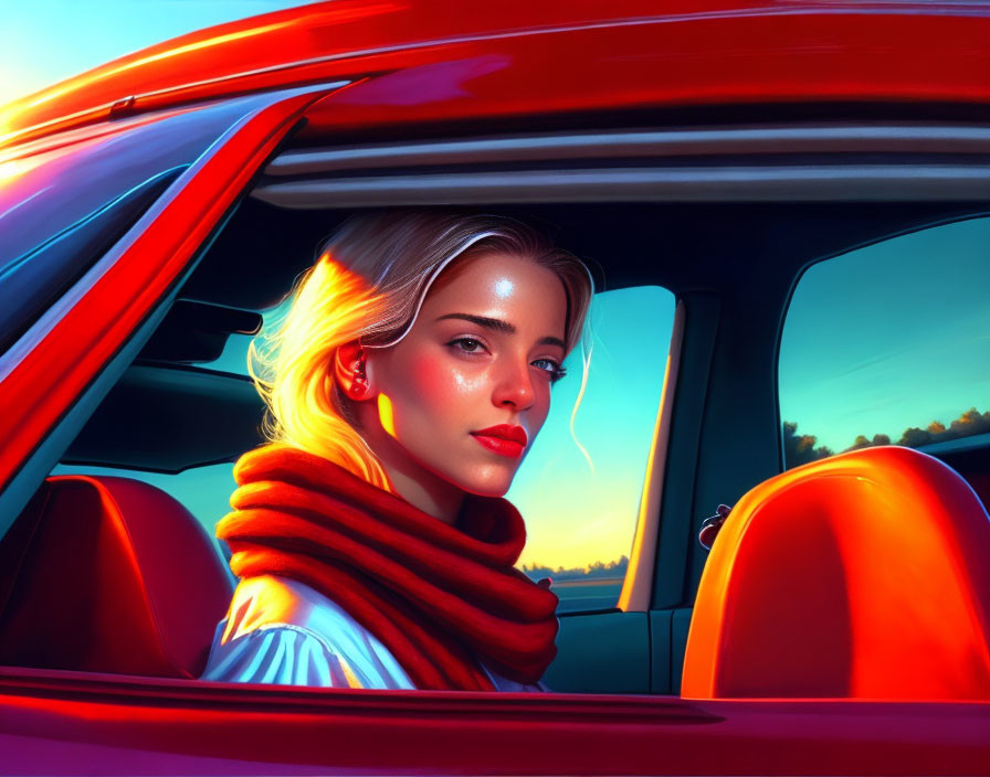 Woman in Red Car Window at Sunset with Vibrant Colors