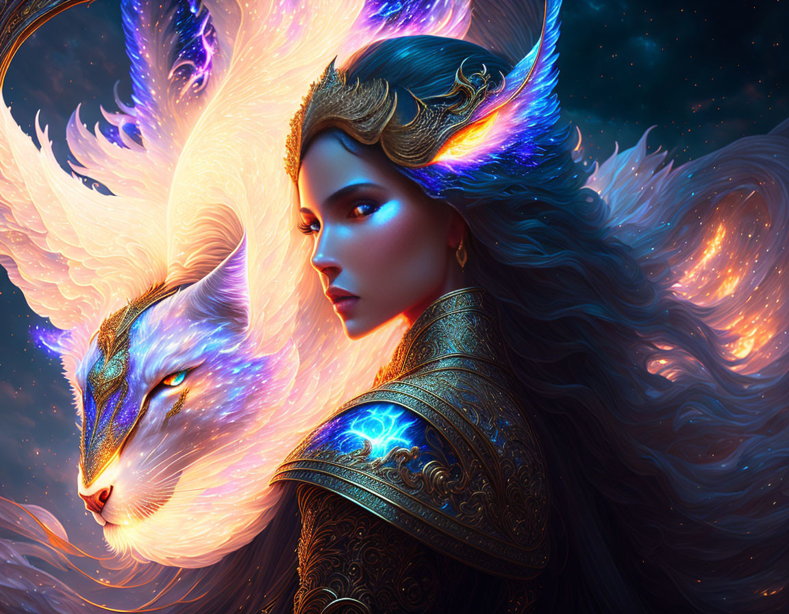 Fantasy illustration of woman with elaborate crown and majestic feline creature.