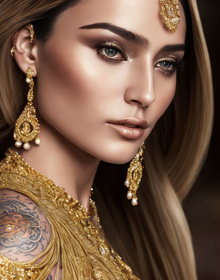 Elaborate Gold Jewelry on Woman with Shoulder Tattoo