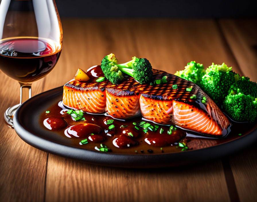 Grilled Salmon Fillet and Broccoli Plate with Red Wine Pairing