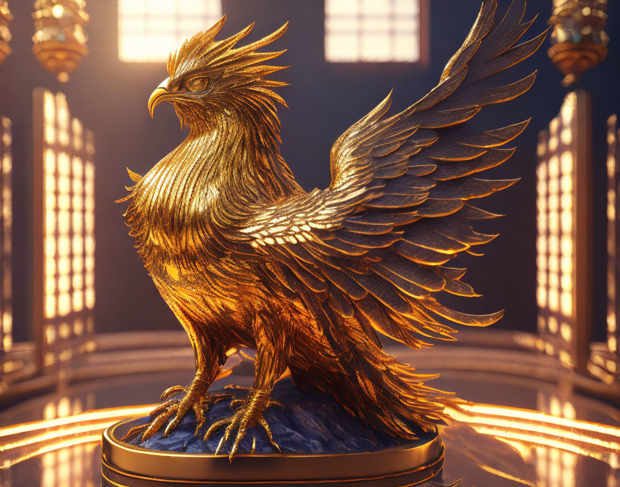 Intricate Golden Eagle Statue in Grand Sunlit Room