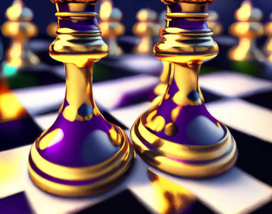Glossy king and queen chess pieces on board with blurred background