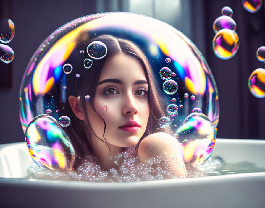Woman in Bathtub Surrounded by Iridescent Bubble and Floating Bubbles