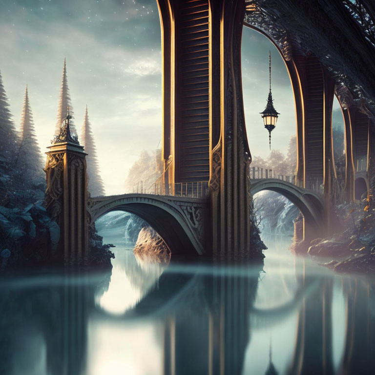 Mystical bridge with arches and spires over serene waterway amid snow-dusted trees under