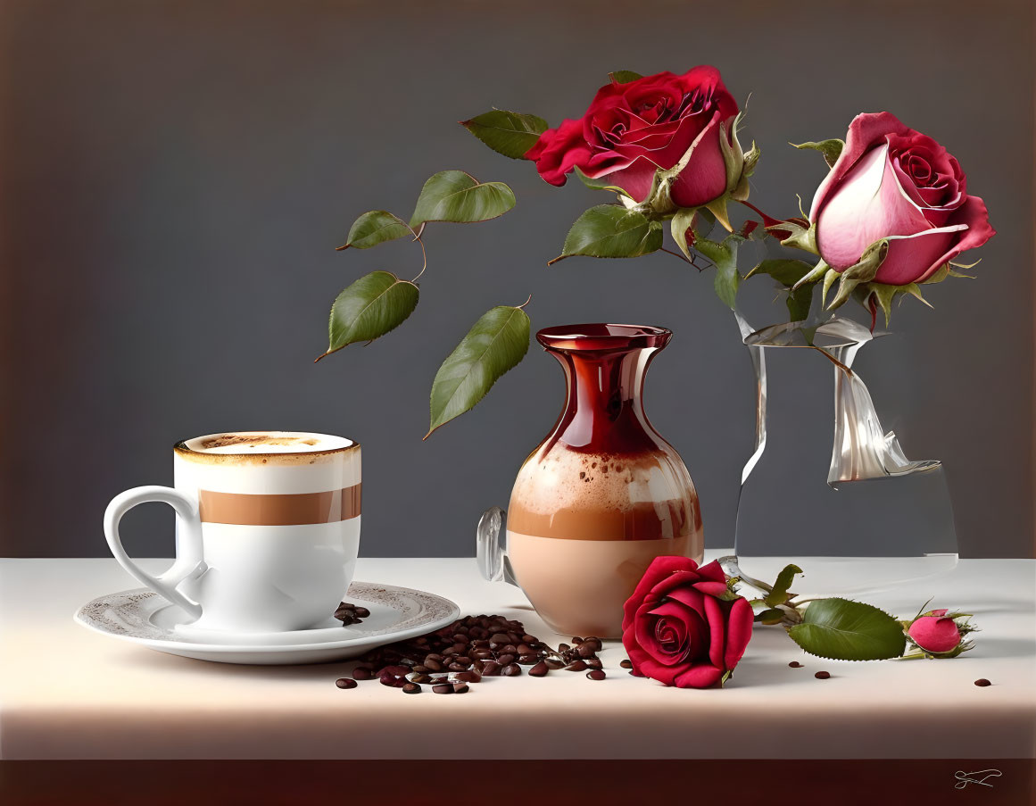 Still Life Image: Cappuccino Cup, Coffee Beans, Jug, Roses