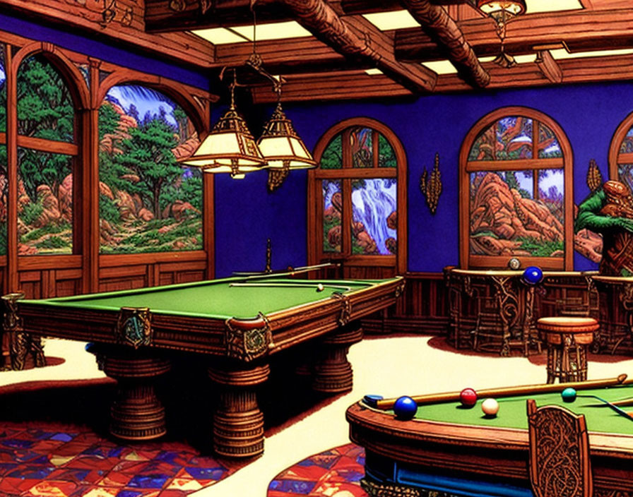 Luxurious Billiard Room with Green Table, Stained Glass Windows, and Forest View
