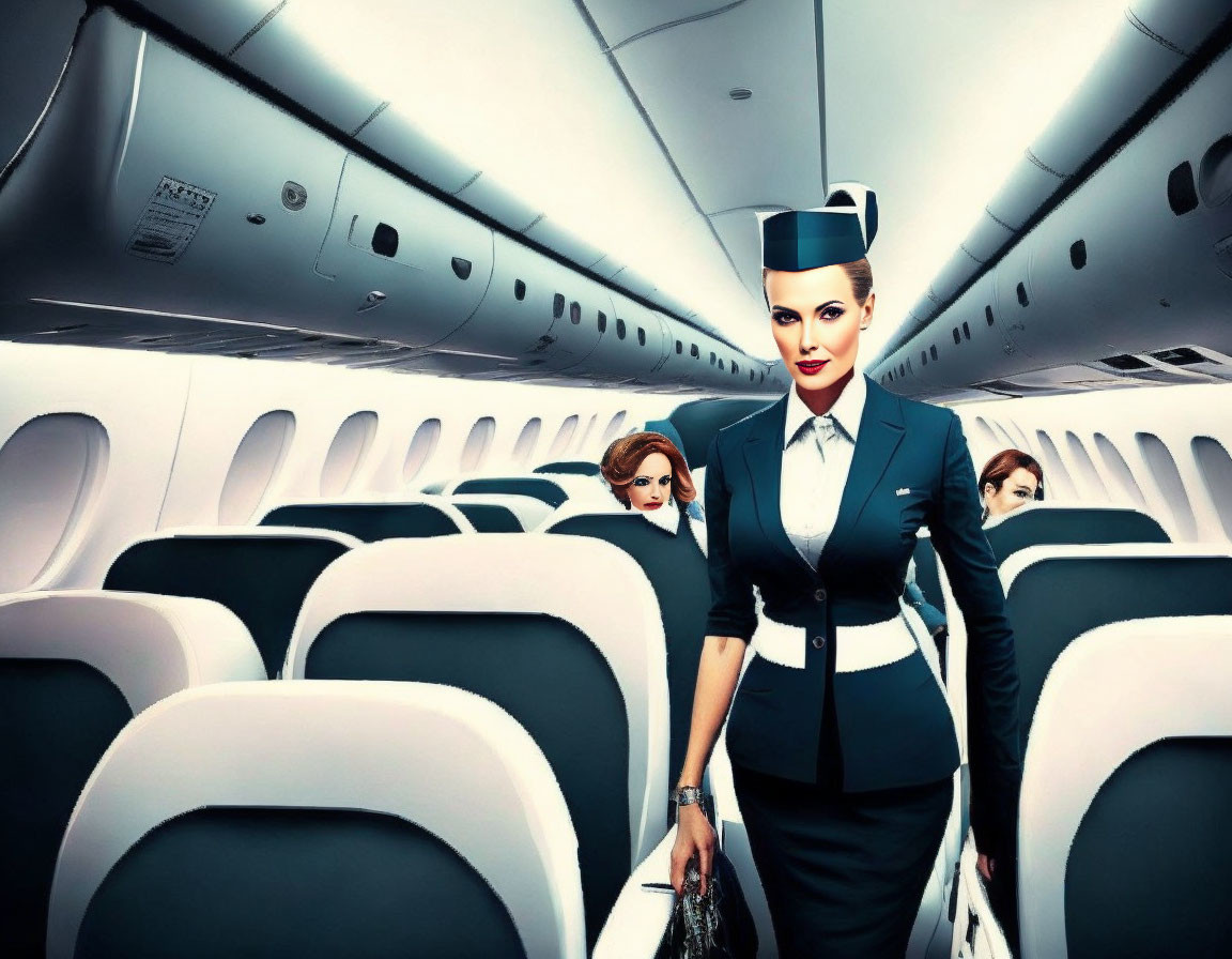 Modern airplane cabin with stylized flight attendants walking.