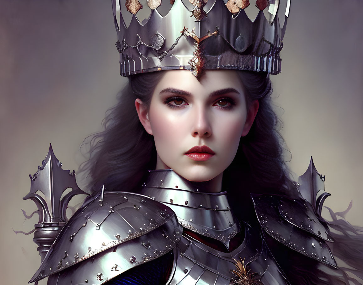Woman in silver crown and armor with butterfly motifs in digital artwork