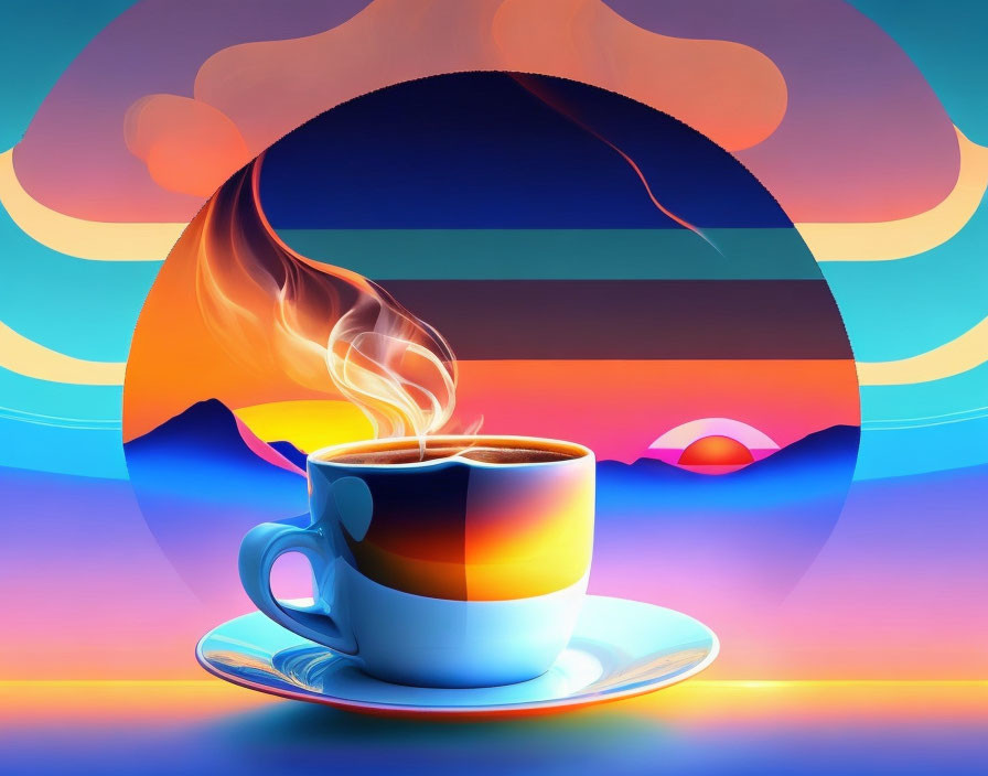 Colorful Digital Artwork: Steaming Coffee Cup in Surreal Landscape