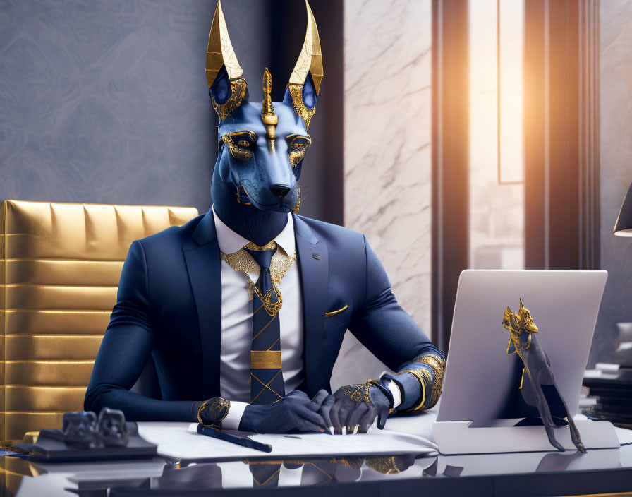 Anubis-headed figure in suit at desk with laptop in modern office