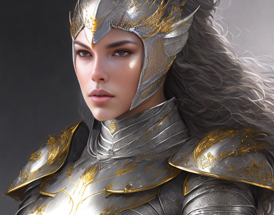 Woman in Silver-and-Gold Armor with Ornate Helmet and Gray Hair