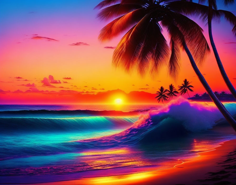 Colorful sunset beach scene with silhouetted palm trees and calm sea.