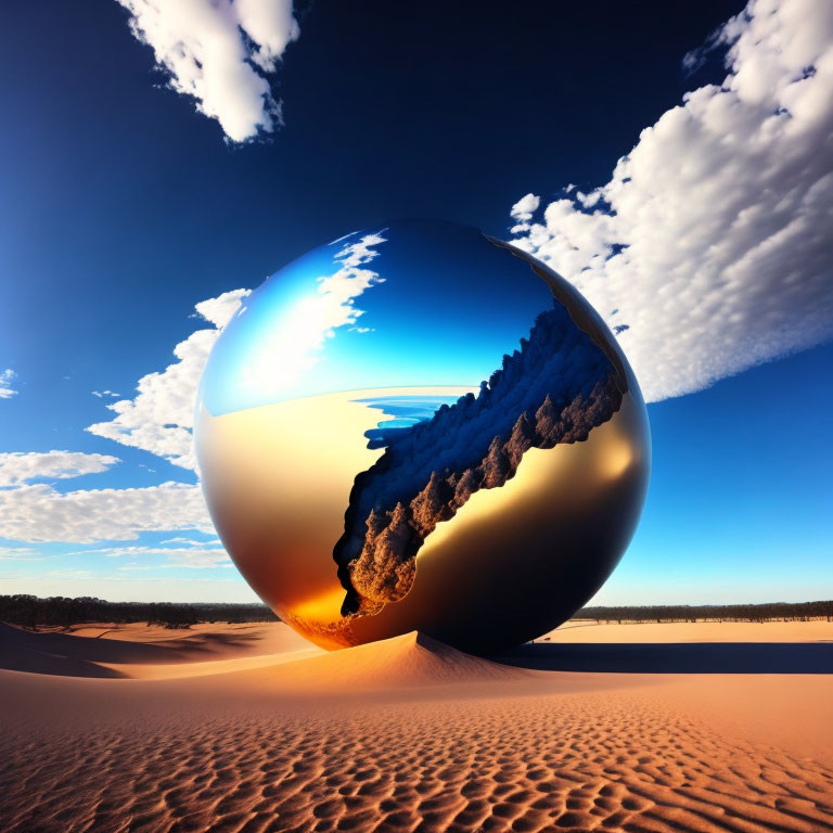 Surreal desert landscape with reflective sphere under blue sky and fiery orange cloud