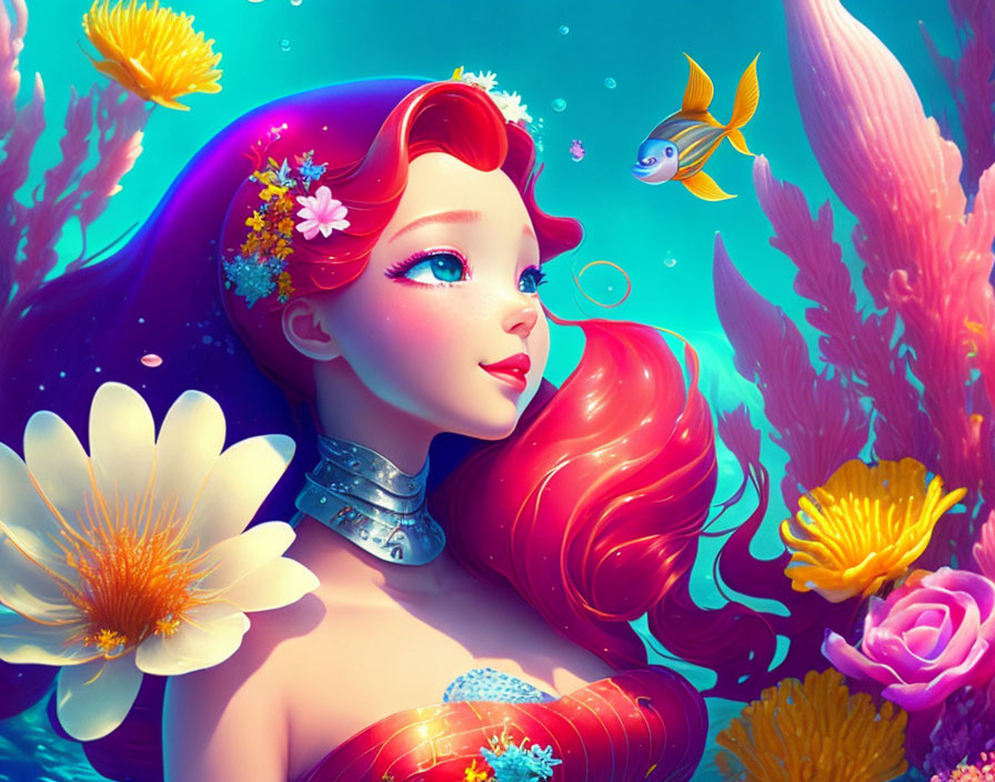 Colorful Illustration of Red-Haired Mermaid with Fish Companion