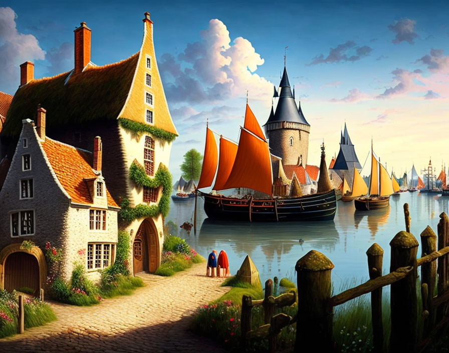 Traditional houses, castle, and sailing ships in tranquil harbor scene