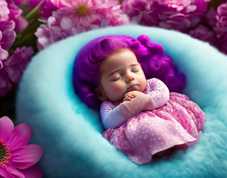 Sleeping infant with vibrant purple hair on blue cushion among pink and purple flowers