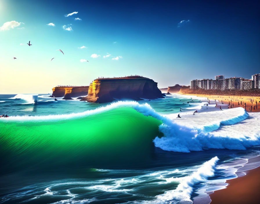 Colorful Beach Scene with Surfers, Waves, and Cityscape
